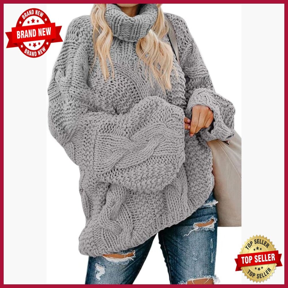 Chunky Cable Knit Turtleneck Sweater Oversized Pullover Loose Fit